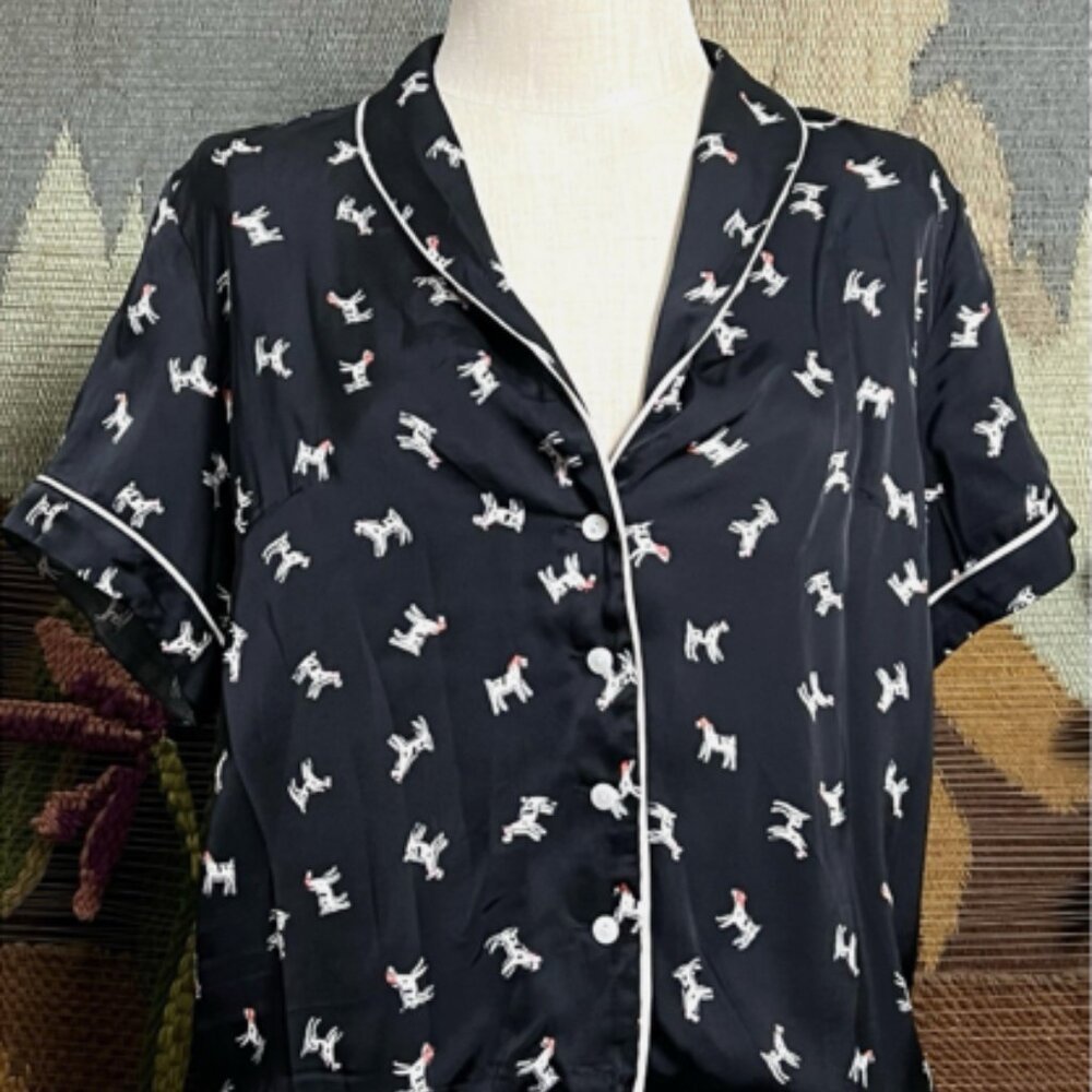 Anthropologie Black Satin Dog Print Pajama Top